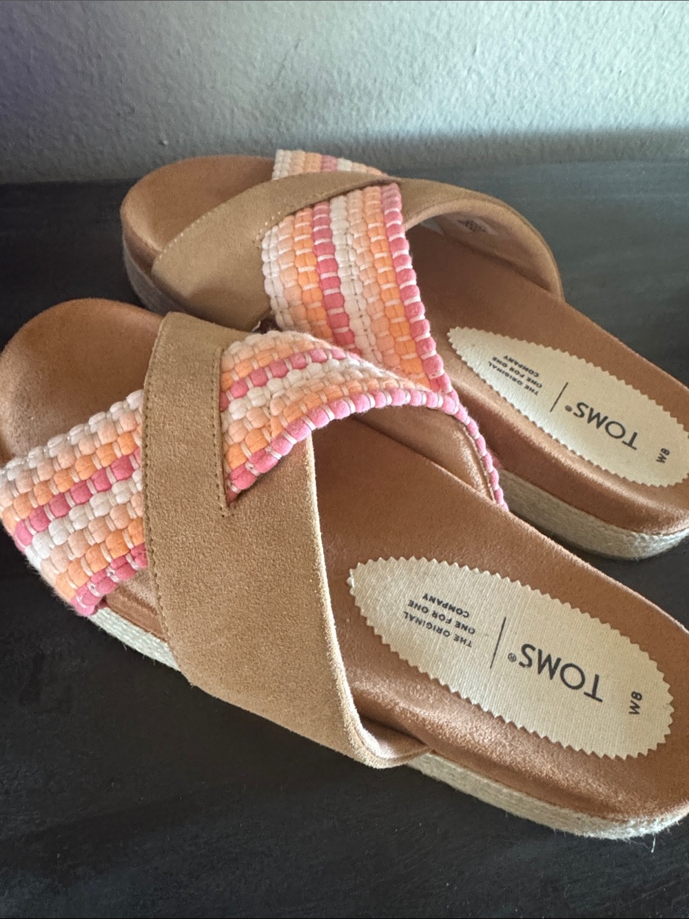 TOMS Women's Tan Slide Sandals with Pink & Peach Woven and Suede Straps